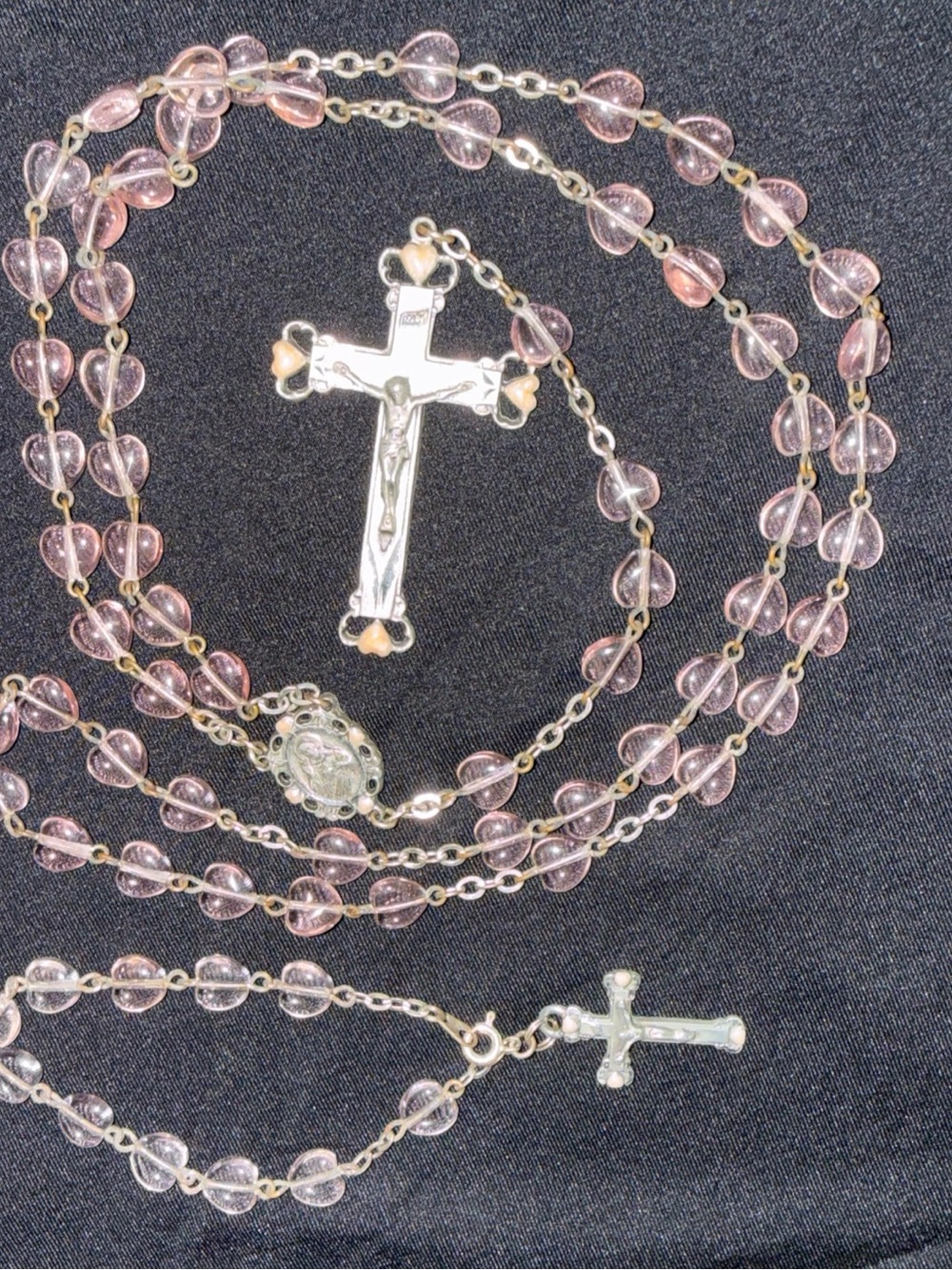 Pink hearts rosary beads bracelet cross